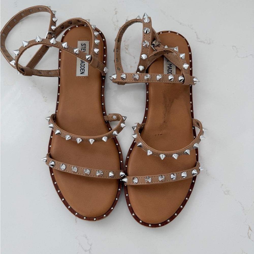Steve Madden Travel Tan Sandals with Silver Studs